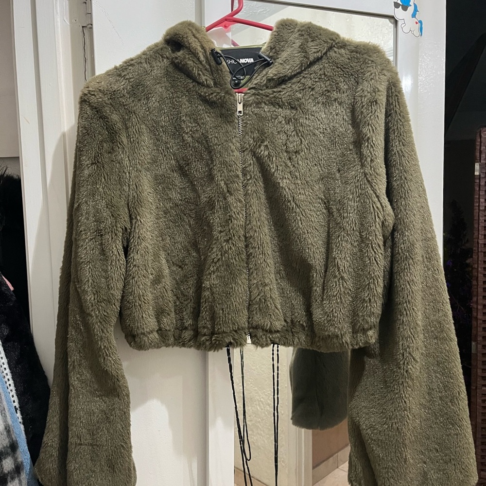Fashion Nova Olive Green Faux Fur Jacket